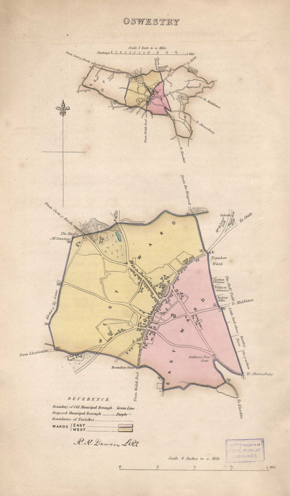 OSWESTRY borough/town plan. Wards. BOUNDARY REVIEW. Shropshire. DAWSON 1837 map